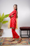 Girls Eid Dress | Red & Multicolor | Casual Plus 3 Piece Suit  | Cotton Dobby Gold Print | GBD-03206