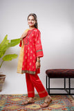 Girls Eid Dress | Red & Multicolor | Casual Plus 3 Piece Suit  | Cotton Dobby Gold Print | GBD-03206