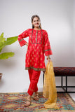 Girls Eid Dress | Red & Multicolor | Casual Plus 3 Piece Suit  | Cotton Dobby Gold Print | GBD-03206