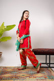 Girls Eid Dress | Red & Multicolor | Casual Plus 3 Piece Suit  | Cotton Gold Printed Lawn | GBD-03243