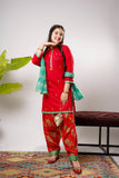 Girls Eid Dress | Red & Multicolor | Casual Plus 3 Piece Suit  | Cotton Gold Printed Lawn | GBD-03243