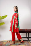 Girls Eid Dress | Red & Multicolor | Casual Plus 3 Piece Suit  | Cotton Lawn Gold Printed | GBD-03205