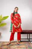 Girls Eid Dress | Red & Multicolor | Casual Plus 3 Piece Suit  | Cotton Lawn Gold Printed | GBD-03205