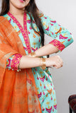 Girls Eid Dress | Sea Green & Multicolor | Casual Plus 3 Piece Suit  | Cotton Gold Print Lawn | GBD-03164