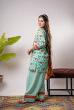 Girls Eid Dress | Sea Green & Multicolor | Casual Plus 3 Piece Suit  | Cotton Gold Print Lawn | GBD-03164