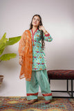 Girls Eid Dress | Sea Green & Multicolor | Casual Plus 3 Piece Suit  | Cotton Gold Print Lawn | GBD-03164