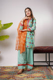 Girls Eid Dress | Sea Green & Multicolor | Casual Plus 3 Piece Suit  | Cotton Gold Print Lawn | GBD-03164