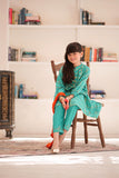 KBD-02265 | Turquoise Green & Golden | Casual 3 Piece Suit | Cotton Jacquard Meena