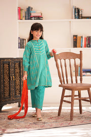 KBD-02265 | Turquoise Green & Golden | Casual 3 Piece Suit | Cotton Jacquard Meena