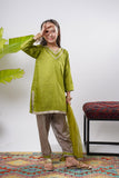 Kids formal clothes | Green & Multicolor | Formal 3 Piece Suit | Polyester Tussar Silk with Digital print | KDD-03230