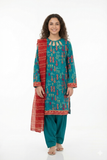 Girls summer clothes | Turquoise Green & Multicolor | Casual Plus 3 Piece Suit  | Cotton Gold Print Lawn | GBD-03165