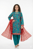 Girls summer clothes | Turquoise Green & Multicolor | Casual Plus 3 Piece Suit  | Cotton Gold Print Lawn | GBD-03165