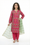 Girls summer clothes | Shocking Pink & Multicolor | Casual Plus 3 Piece Suit | Cotton Gold Print Lawn | GBD-03166