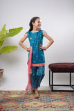 Kids Eid Dress | Turquoise Blue & Multicolor | Casual Plus 3 Piece suit | Cotton Gold Printed Lawn | KBD-03207