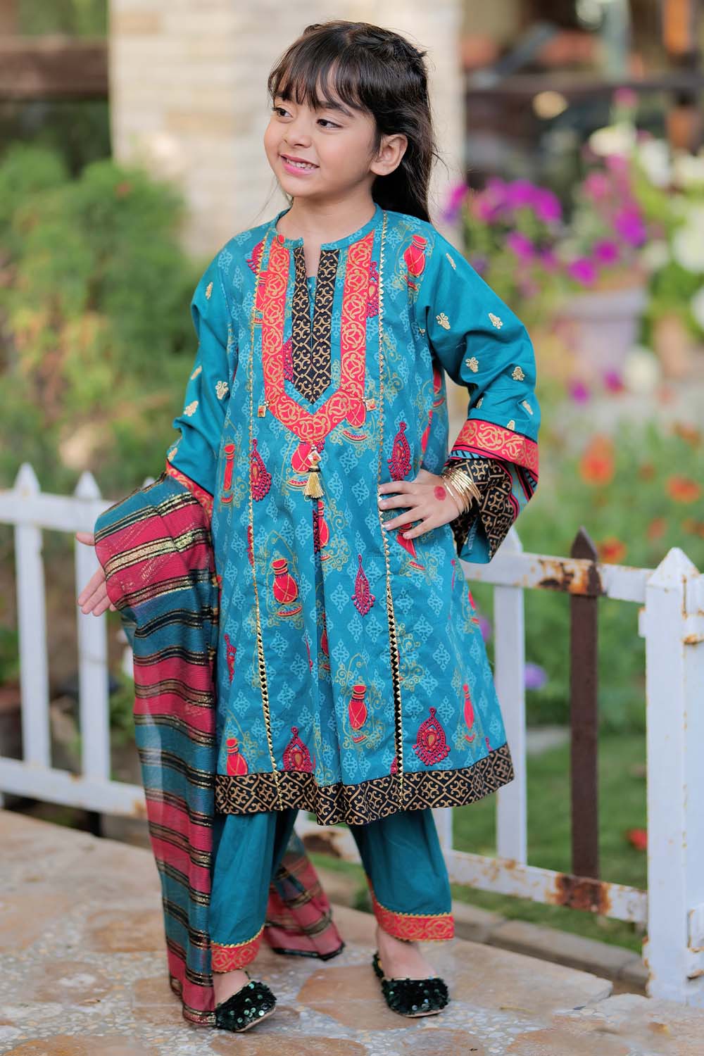 KBD-02326 | Turquoise Green & Multicolor | Casual 3 Piece Suit  | Cotton Gold Printed Lawn