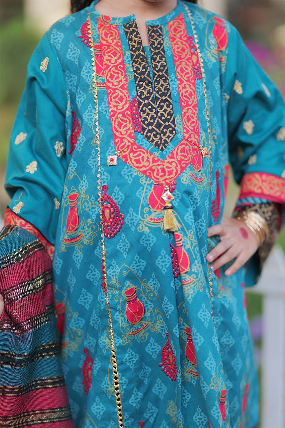 KBD-02326 | Turquoise Green & Multicolor | Casual 3 Piece Suit  | Cotton Gold Printed Lawn
