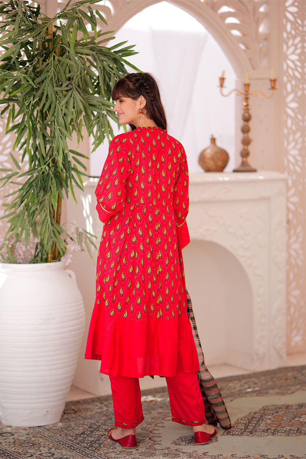 GBD-02322 | Red & Multicolor | Casual 3 Piece Suit  | Cotton Gold Printed Lawn