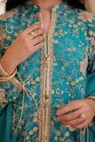 GDD-02372 | Turquoise Green & Golden | Formal 3 Piece Suit  | Plain Organza Banarsi