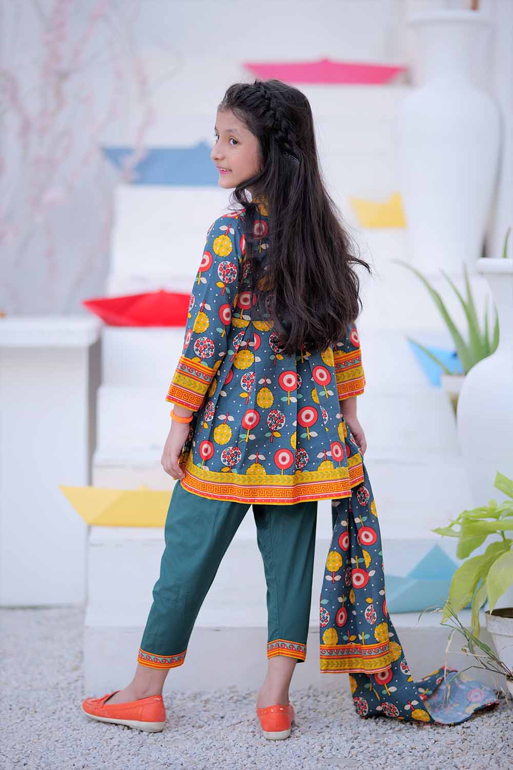 KAD-02386 | Bottle Green & Multicolor | Casual 3 Piece Suit | Cotton Khaddar Printed