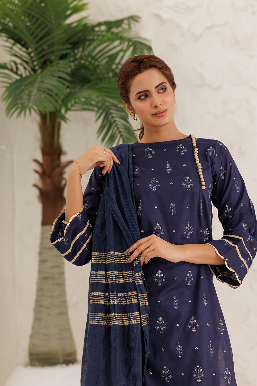 blue and gold casual dress Maya Blue And Gold Front-slit Dress 2XL