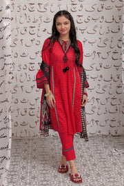 GAD-02275 | Red & Multicolor | Casual 3 Piece Suit  | Cotton Lawn Print