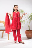 Kids Eid Dress | Red | Casual Plus 3 Piece Suit | Cotton Glitter Printed | KBD-03389