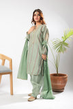 Women Eid Dress | Sea Green & Multicolor | Casual Plus 3 Piece Suit | Cotton Dobby Gold | LBD-03404