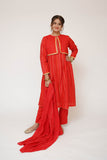 Girls Eid Dress | Red & MultiColor | Casual Plus 3 Piece Suit  |  Cotton Dobby Fancy | GBD-03500