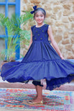 KDD-03097 | Navy Blue & Gold | Formal 3 Piece Suit | Viscose Chambray Katan