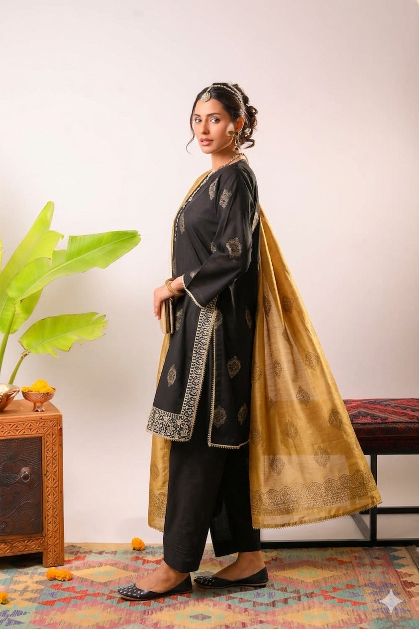 Women Eid Dress | Black & Gold | Casual Plus 3 Piece Suit | Cotton Jac SENORITA Women Eid Dress | Black & Gold | Casual Plus 3 Piece Suit | Cotton Jac SENORITA