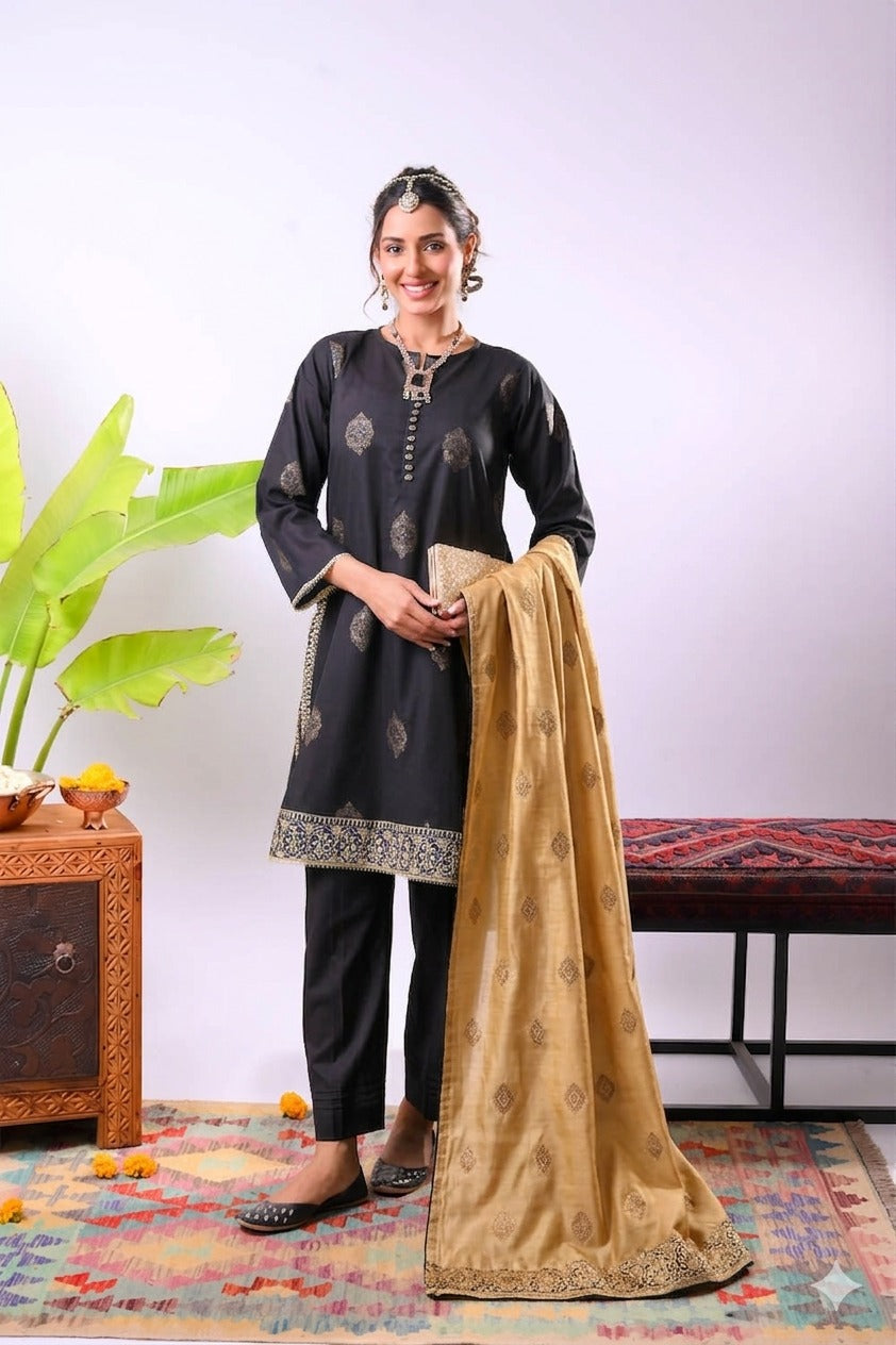 Women Eid Dress | Black & Gold | Casual Plus 3 Piece Suit | Cotton Jac SENORITA Women Eid Dress | Black & Gold | Casual Plus 3 Piece Suit | Cotton Jac SENORITA