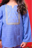 Kids Eid Dress | Blue & Gold | Casual Plus 3 Piece Suit | Cotton Self Dobby | KBD-03371