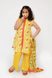 Kids Casual Dress | Yellow & Multicolor | Casual 3 Piece Suit | Cotton Lawn Printed | KAD-03498