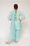 Girls Casual Dress | S.Green & Gold | Casual Plus 3 Piece Suit  | Cotton Plain with Banarsi Borders | GBD-03444
