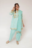 Girls Casual Dress | S.Green & Gold | Casual Plus 3 Piece Suit  | Cotton Plain with Banarsi Borders | GBD-03444