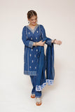 Girls Casual Dress | Blue & Gold | Casual Plus 3 Piece Suit  | Cotton Plain with Banarsi Borders | GBD-03456