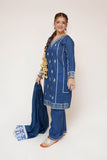 Girls Casual Dress | Blue & Gold | Casual Plus 3 Piece Suit  | Cotton Plain with Banarsi Borders | GBD-03456