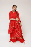 Girls Casual Dress | Red & Gold | Casual Plus 3 Piece Suit | Cotton Plain with Banarsi Borders | GBD-03443