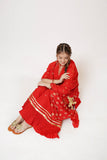 Girls Casual Dress | Red & Gold | Casual Plus 3 Piece Suit | Cotton Plain with Banarsi Borders | GBD-03443