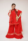 Girls Casual Dress | Red & Gold | Casual Plus 3 Piece Suit | Cotton Plain with Banarsi Borders | GBD-03443