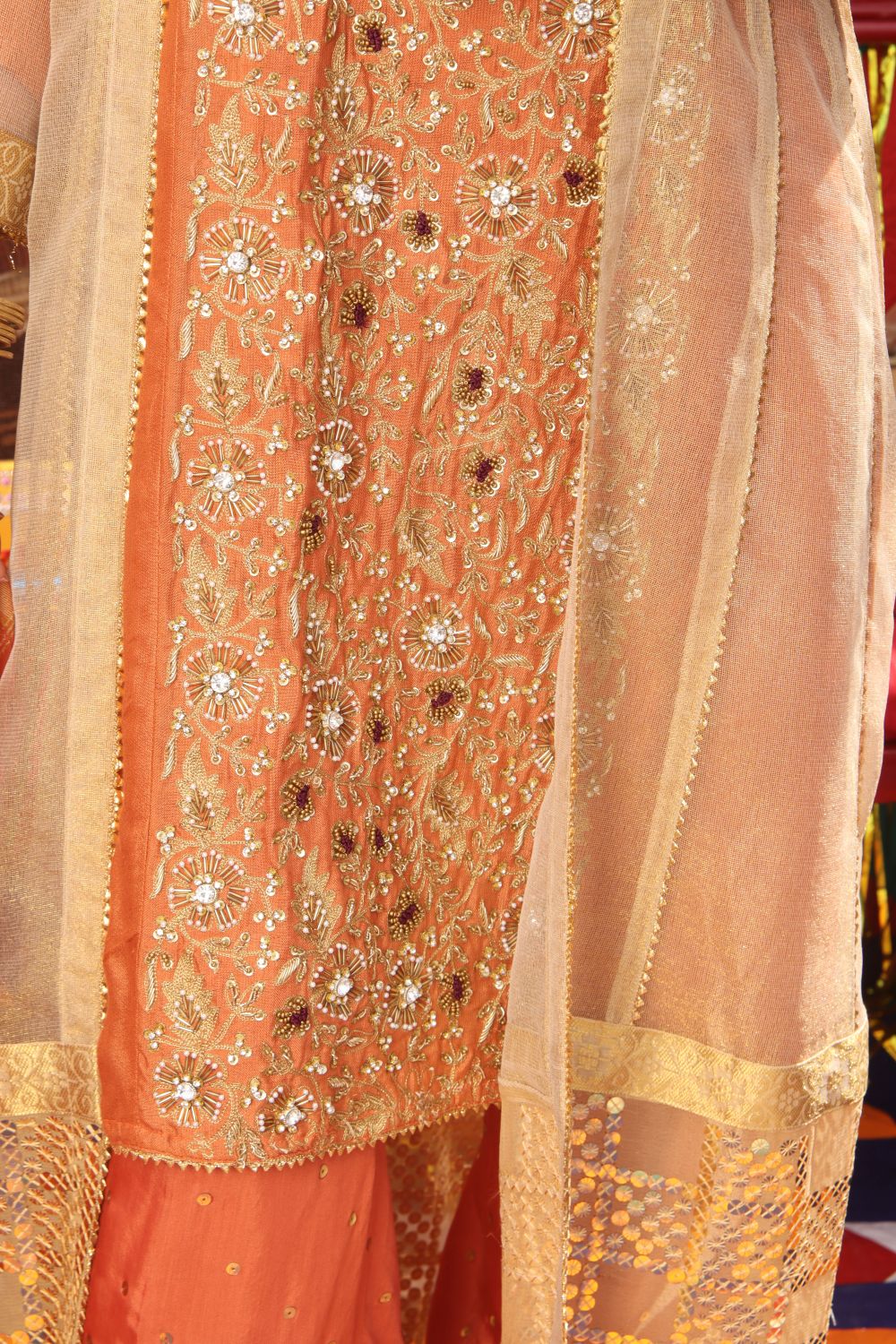 LDD-01895| Fawn  & Orange | Formal 3 Piece Suit  | Banarsi  Khaddi Pure Fabric