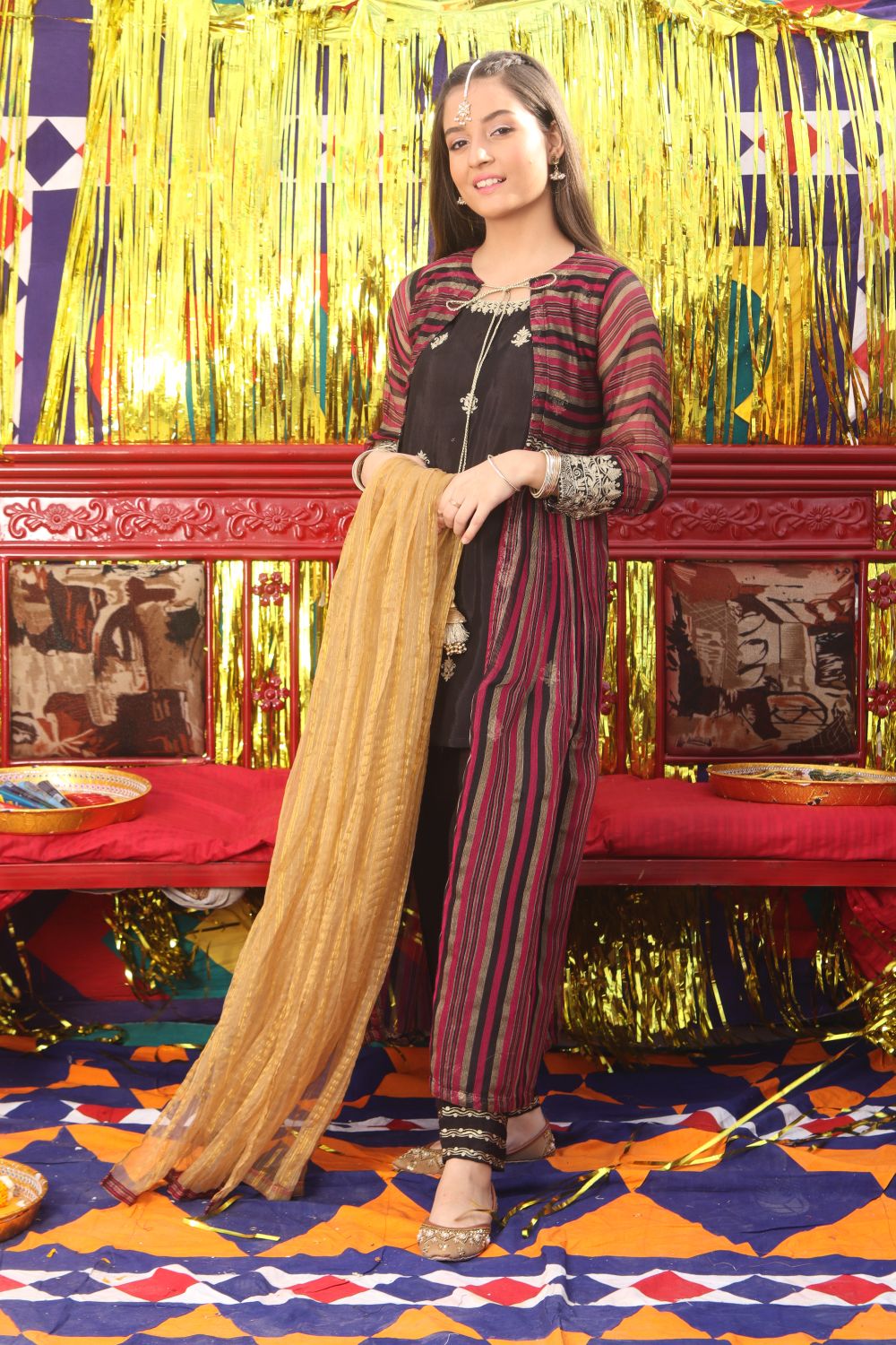 GDD-01820 | Multicolor & Black | | Pure Banarsi Khaddi Dobby | Formal 3 Piece Suit