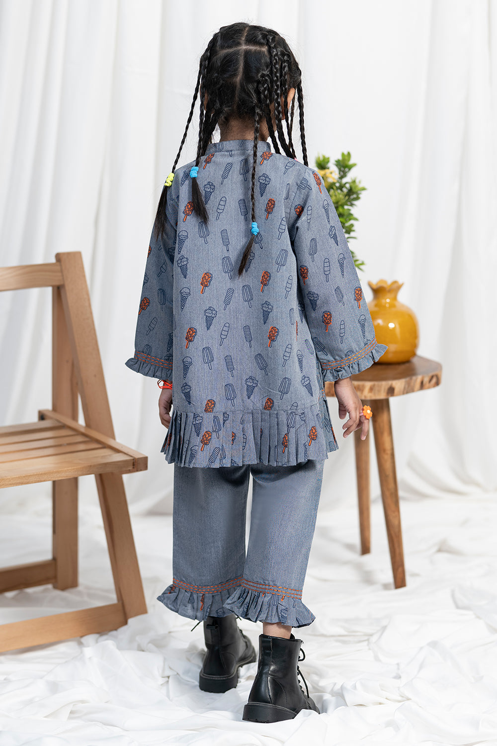 KAC-02114 | Blue & Orange| Casual 2 Piece Suit | Cotton Denim Printed