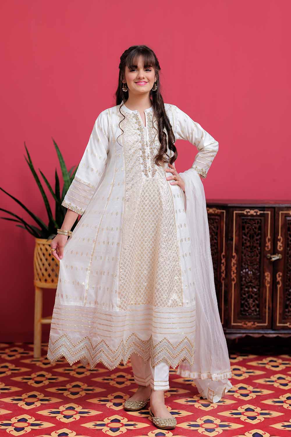 GDD-02100 | White & Golden | Formal 3 Piece Suit | Banarsi Khaddi Jacquard