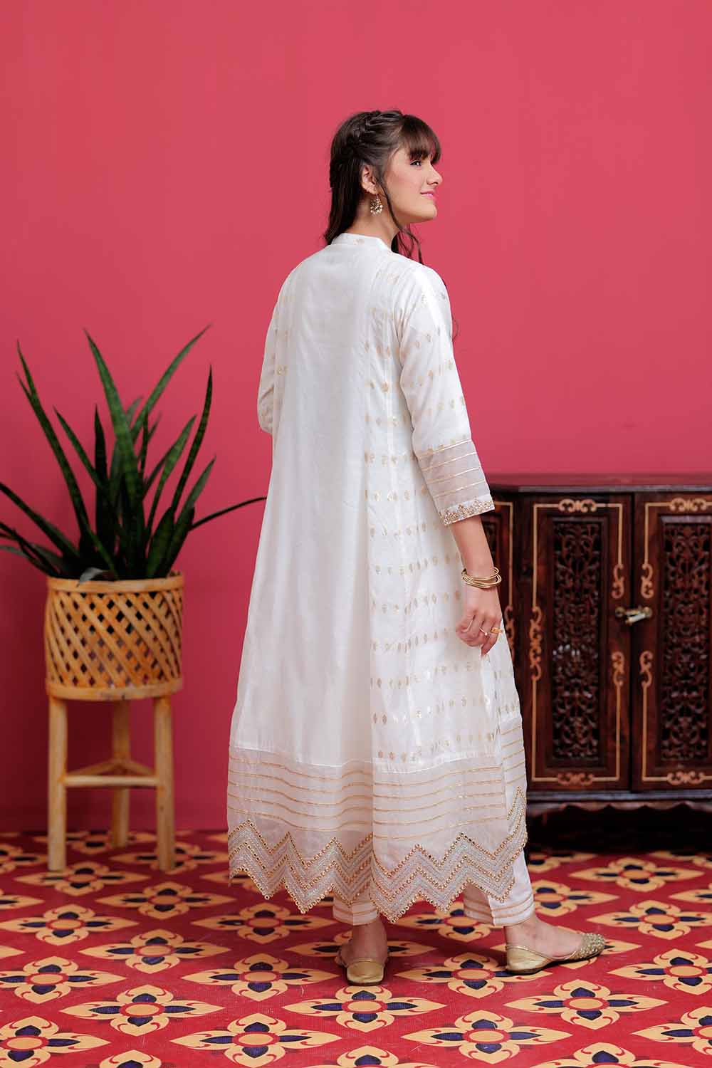GDD-02100 | White & Golden | Formal 3 Piece Suit | Banarsi Khaddi Jacquard