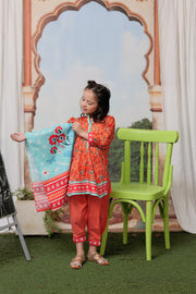 KAD-02130 | Peach & Multicolor | Casual 3 Piece Suit  | Cotton Lawn Print