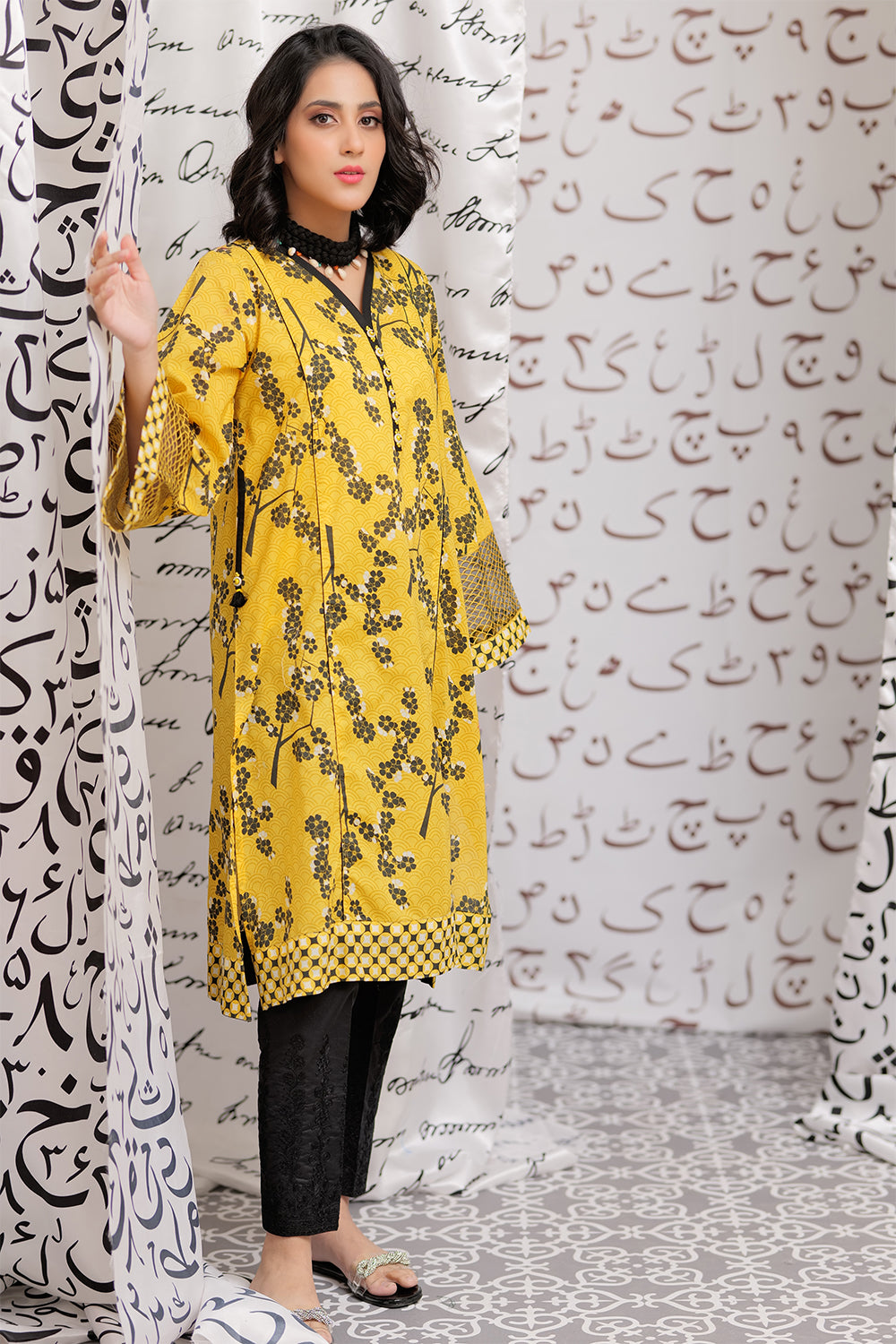 LAA-02163 | Yellow& Black | Casual Kurta  | Cotton Lawn Print