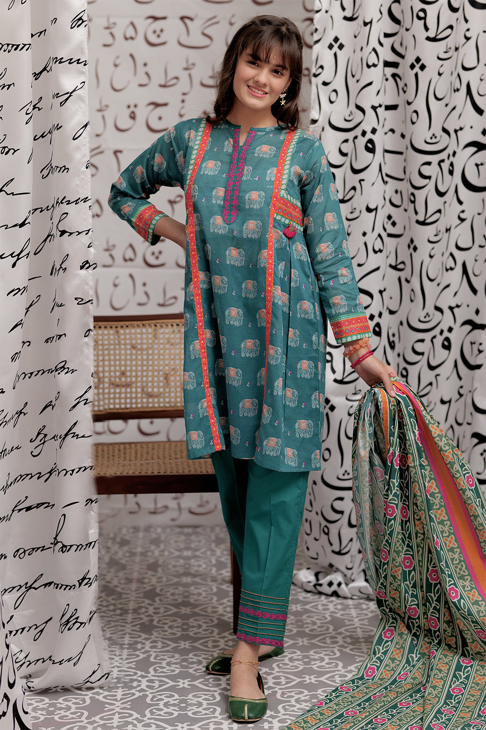GAD-02272 | Tarqvise Green & Multicolor | Casual 3 Piece Suit  | Cotton Lawn Print