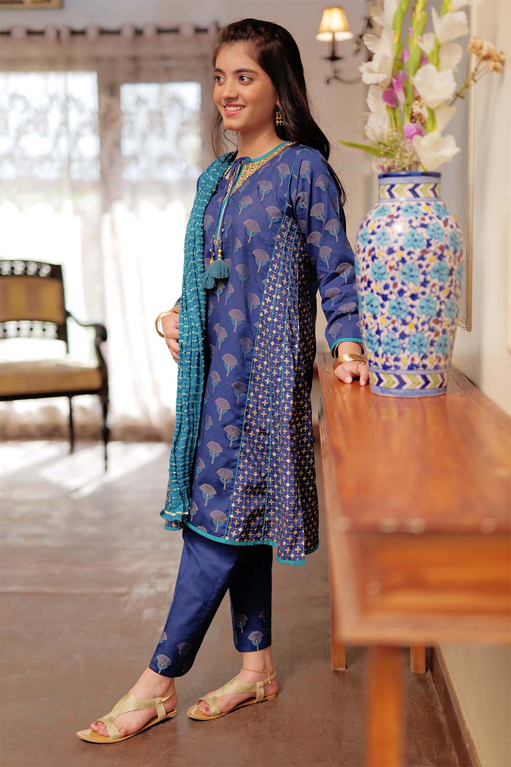 GBD-02296 | Blue & Multicolor | Casual 3 Piece Suit  | Cotton Jacquard Meena