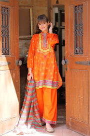 GBD-02304 | Orange & Multicolor | Casual 3 Piece Suit  | Cotton Gold Printed Lawn